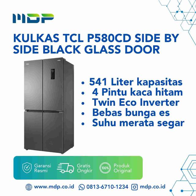 KULKAS TCL P580CD SIDE BY SIDE BLACK GLASS DOOR  ( 4 DOORS/ 541L) 