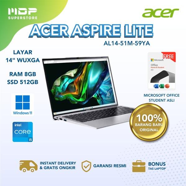 NOTEBOOK ACER ASPIRE LITE AL14-51M-59YA (SILVER) : CI5-1235U 8GB DDR5 (2 SLOT) 512 SSD NVME 14"WUXGA IPS W11 OHS21 (BACKPACK)