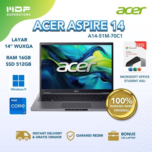 NOTEBOOK ACER ASPIRE 14 A14-51M-70C1 GREY  : I7-150U 14"WUXGA 16GB LPDDR5 512 SSD ONBOARD /INTEL GRAPHIC 96EU W11 OHS21 /BACKLIGHT KEYBOARD B(BACKPACK)