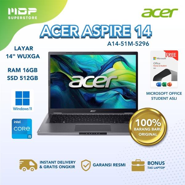 NOTEBOOK ACER ASPIRE 14 A14-51M-5296 GREY  : I5-120U 14"WUXGA 16GB LPDDR5 512 SSD /INTEL GRAPHIC N/A W11 OHS21 BACKLIGHT KEY (+BAKCPACK)