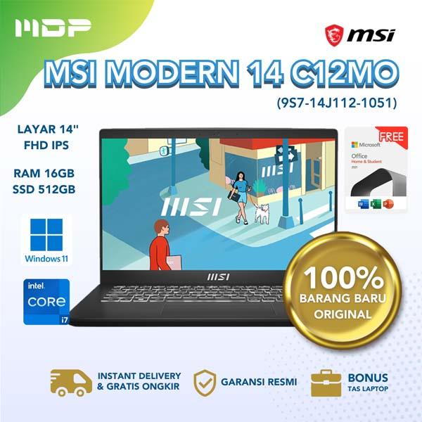 NOTEBOOK MSI MODERN 14 C12MO-1051ID (9S7-14J112-1051)  (BLACK) : INTEL CORE I7-1255U,16GB,512GB SSD,14"FHD,WIN 11 HOME+OHS 2021