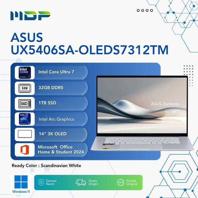 NOTEBOOK ASUS UX5406SA-OLEDS7312TM (SCANDINAVIAN WHITE) : INTEL CORE ULTRA 7-258V,UMA,32GB,1TB SSD,3K,WIN 11+OHS+M365