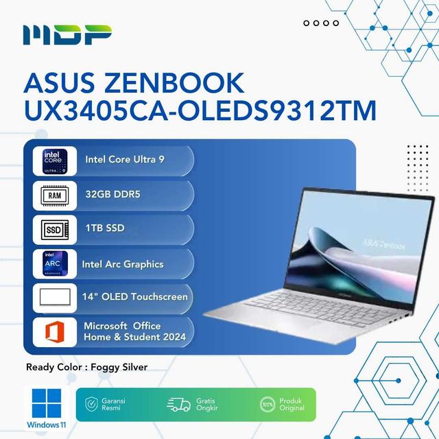 NOTEBOOK ASUS ZENBOOK UX3405CA-OLEDS9312TM (FOGGY SILVER) : INTEL CORE ULTRA 9-285H,UMA,32GB,1TB SSD,OLED,3K,WIN 11+OHS 2024+M365