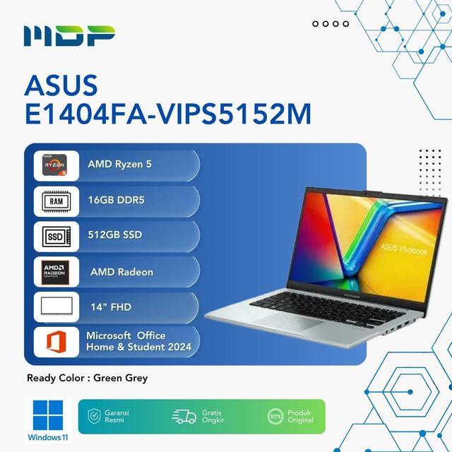 NOTEBOOK ASUS E1404FA-VIPS5152M (GREEN GRAY) : AMD R5-7520U,UMA,16GB,512GB SSD,VIPS FHD,WIN 11+OHS+M365