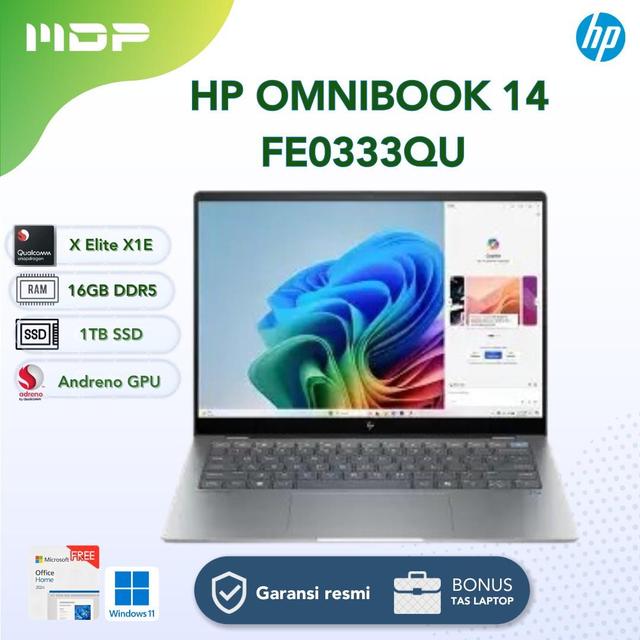 NOTEBOOK HP OMNIBOOK 14-FE0333QU (SILVER) : SNAPDRAGON X1E-78-100 (12C), 16GB LPDDR5X,1TB SSD,QUALCOMM ADRENO GPU,14"2.2K  TOUCH SCREEN IPS 300 NITS,WIN 11 HOME+OHS (TAS-2Z8P4AA)
