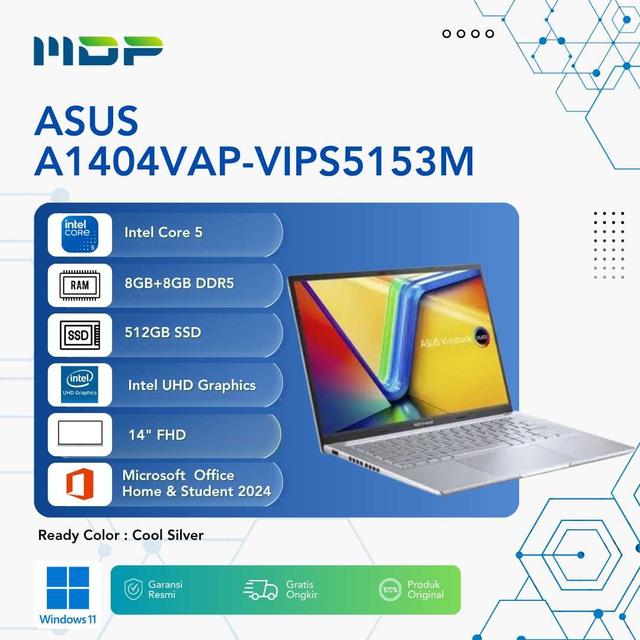 NOTEBOOK ASUS  A1404VAP-VIPS5153M (COOL SILVER) : INTEL CORE 5-120U,UMA,8GB+8GB,512GB SSD,14"FHD,WIN 11+OHS+M365