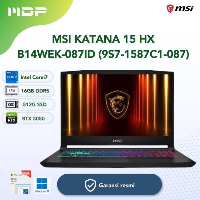 NOTEBOOK MSI KATANA 15 HX B14WEK-087ID (9S7-1587C1-087) BLACK  : INTEL CORE I7-14650HX,16GB,512GB SSD,RTX5050,WIN 11 HOME+OHS