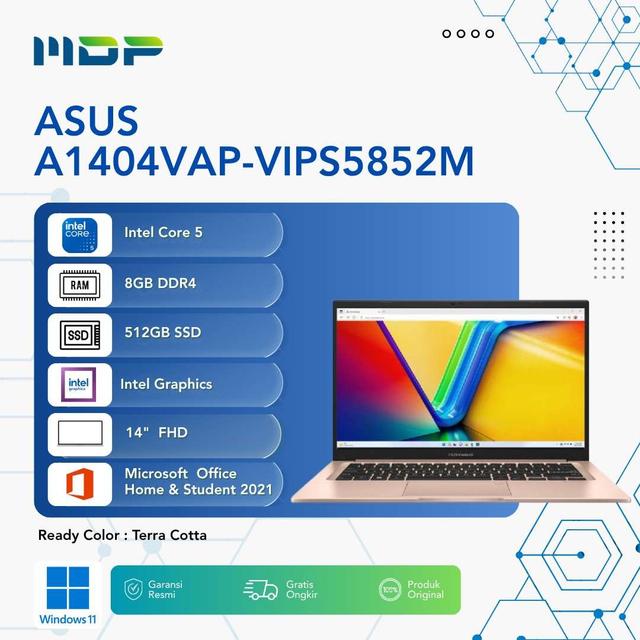 NOTEBOOK ASUS A1404VAP-VIPS5852M (TERRA COTTA) : INTEL CORE 5-120U,UMA,8GB,512GB SSD,VIPS,FHD,WIN 11+OHS+M365