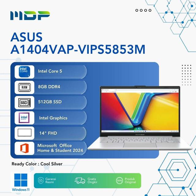 NOTEBOOK ASUS A1404VAP-VIPS5853M (COOL SILVER) : INTEL CORE 5-120U,UMA,8GB,512GB SSD,VIPS,FHD,WIN 11+OHS+M365