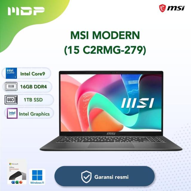 NOTEBOOK MSI MODERN (15  C2RMG-279)  : INTEL CORE 9 270H, 16GB (2X8GB), 1TB SSD, 15.6 "FHD IPS,WIN 11 HOME+OHS 2021 (HITAM)