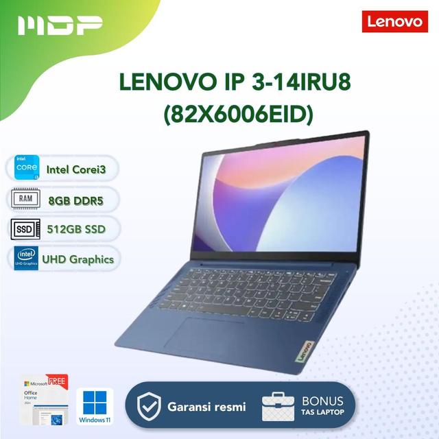 NOTEBOOK LENOVO IP 3-14IRU8 (82X6006EID) ABYYS BLUE : INTEL CORE I3-1315U,8GB LPDDR5-4800,512GB SSD M.2 2242 PCIE,INTEL UHD GRAPHICS,14"FHD,WIN 11 HOME+OHS+M365(+BACPACK Q17225)
