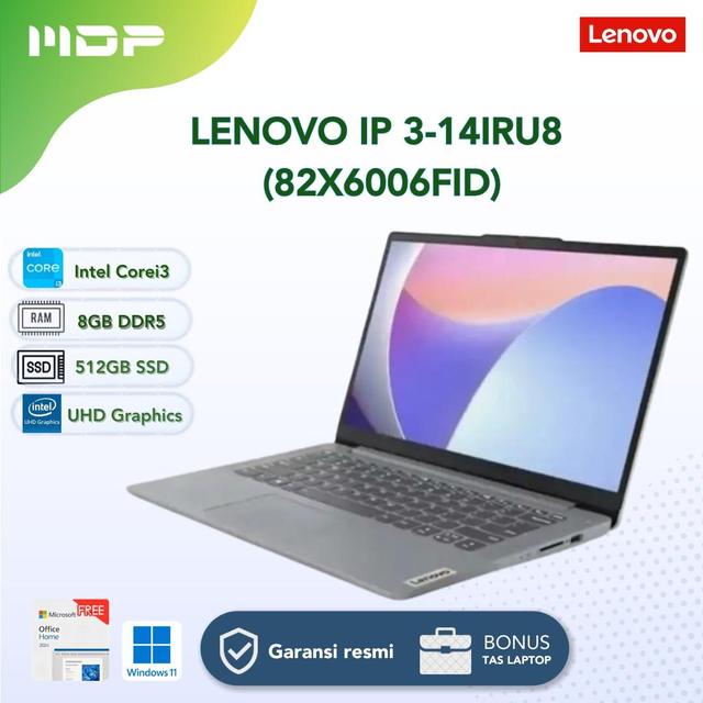 NOTEBOOK LENOVO IP 3-14IRU8 (82X6006FID) ARTIC GREY : INTEL CORE I3-1315U,8GB LPDDR5-4800,512GB SSD M.2 2242 PCIE,INTEL UHD GRAPHICS,14"FHD,WIN 11+OHS+M365 (BACKPACK-Q17225/4313)