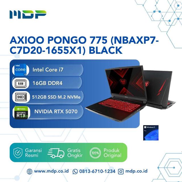 NOTEBOOK AXIOO PONGO 775 (NBAXP7-C7D20-1655X1) BLACK : INTEL CORE I7-13620H,16GB,512GB SSD,RTX 5070 8GB,16"QHD+ 180HZ,WINDOWS 11 PRO (BACKPACK PONGO HITAM)
