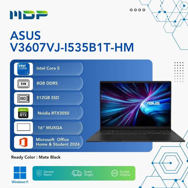 NOTEBOOK ASUS V3607VJ-I535B1T-HM (MATTE BLACK) : INTEL CORE 5-210H,8GB,512GB SSD,RTX3050 V6GB,WUXGA 144HZ,WIN 11+OHS+M635