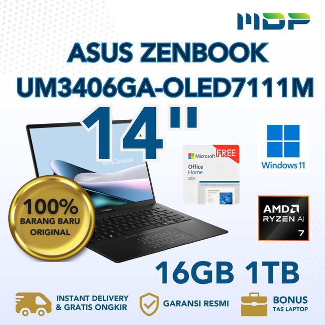 NOTEBOOK ASUS ZENBOOK UM3406GA-OLED7111M (JADE BLACK) : AMD RYZEN AI 7-445,UMA,16GB,1TB SSD,OLED 2K,WIN 11+OHS+M365