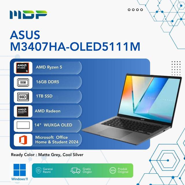 NOTEBOOK ASUS M3407HA-OLED5111M (MATTE GRAY) : AMD R5-220,UMA,16GB,1TB SSD,WUXGA,WIN 11+OHS+M365