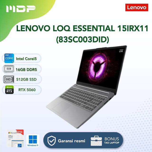 NOTEBOOK LENOVO LOQ ESSENTIAL 15IRX11 (83SC003DID) LUNA GREY : INTEL CORE I5-13450HX,16GB DDR5-4800,512GB SSD M.2 2242 PCIE,RTX5060 8GB,15.6"FHD,WIN 11 HOME+OHS 2024+M365 BASIC(BACKPACK H70101)