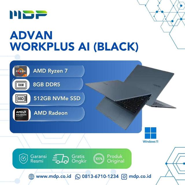 NOTEBOOK ADVAN WORKPLUS AI (BLACK) : AMD RYZEN 7 - 255 ,8GB DDR5  ,512GB SSD 2 SLOT  ,14" FHD,IPS ,TYPE C 100W, WINDOWS 11 ( NO TAS)