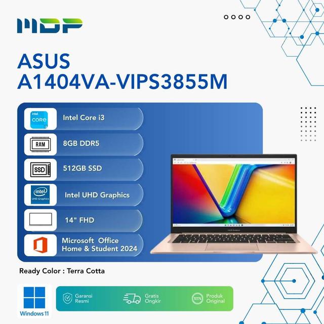 NOTEBOOK ASUS A1404VA-VIPS3855M (TERRA COTTA) : INTEL CORE I3-1315U,UMA,DDR5 8GB,512GB SSD,14"FHD,WIN 11+OHS 2024+M365