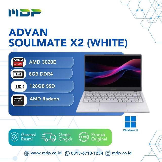 NOTEBOOK ADVAN SOULMATE X2 (WHITE) : AMD 3020E,8GB DDR4 UPGRADEABLE ,128GB ,14" FHD IPS,WIN 11HOME (+TAS)