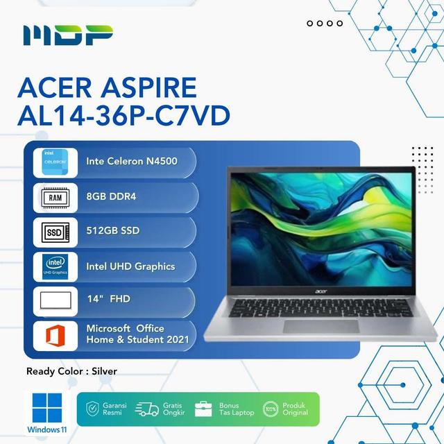 NOTEBOOK ACER ASPIRE AL14-36P-C7VD (SILVER) : INTEL CELERON N4500,8GB,512GB SSD,INTEL UHD GRAPHICS,14"WUXGA,WIN 11 HOME+OHS 2021 (BACKPACK)