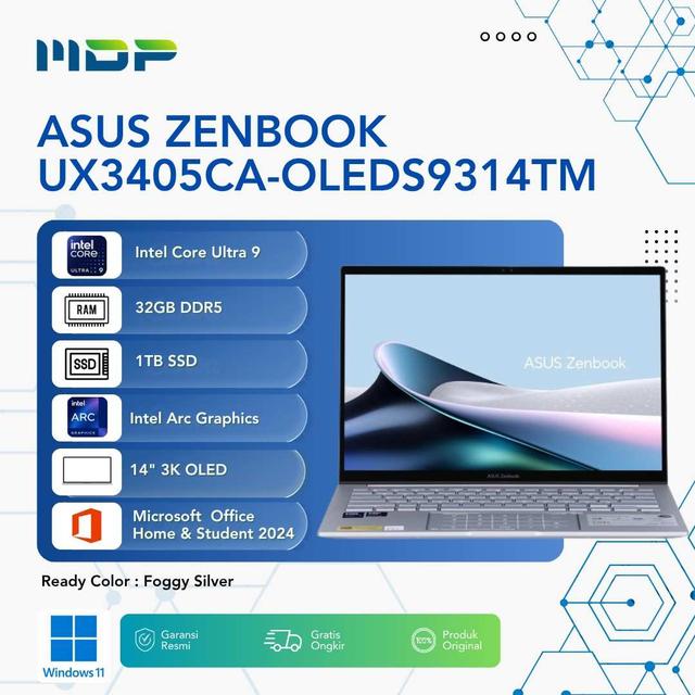 NOTEBOOK ASUS ZENBOOK UX3405CA-OLEDS9314TM (FOGGY SILVER)  : INTEL CORE ULTRA 9 285H,UMA,32GB,1TB SSD,OLED 1100NITS,3K,WIN 11+OHS+M365