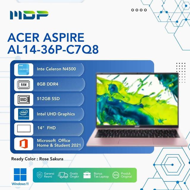 NOTEBOOK ACER ASPIRE AL14-36P-C7Q8 (ROSE SAKURA) : INTEL CELERON N4500,8GB DDR4,512GB SSD, FHD IPS,WIN 11+OHS+FREE M365 (+BACPACK)