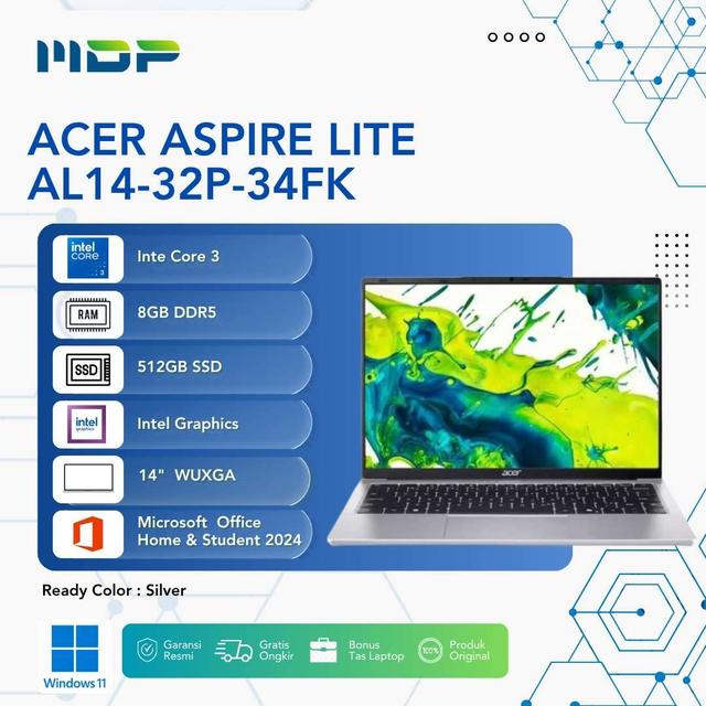NOTEBOOK ACER ASPIRE LITE AL14-32P-34FK( SILVER ) INTEL CORE 3-N355,8GB DDR5 ,512GB SSD,14", WUXGA INTEL GRAPHICS 11+OHS 2024 WITH COPILOT KEY +FREE M356 BASIC 1Y (BACKPACK)