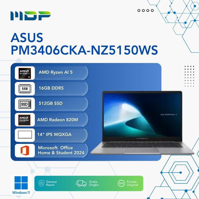 NOTEBOOK ASUS PM3406CKA-NZ5150WS : AMD AI R5-330,16GB DDR5,512GB SSD,14.0" WQXGA (2560X1600),WIN 11 HOME+OHS+M365