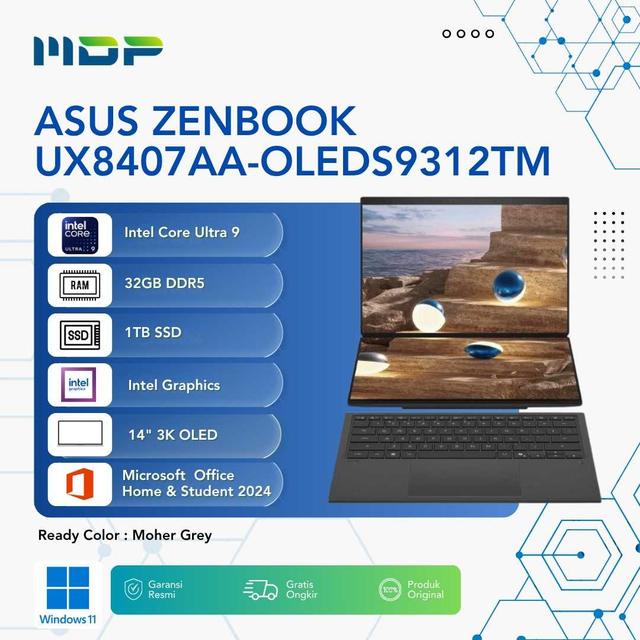 NOTEBOOK ASUS ZENBOOK UX8407AA-OLEDS9312TM (MOHER GREY) : DUAL CORE ULTRA 9-386H,32GB DDR5,1TB PCIE,14"OLED 144HZ 3K TOUCH,WIN 11 HOME+OHS 2024+O365 BASIC