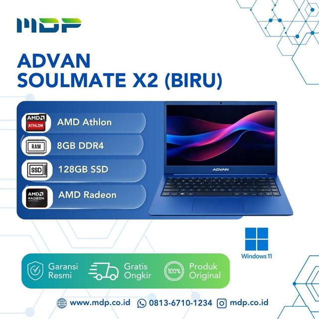 NOTEBOOK ADVAN SOULMATE X2 (BIRU) : AMD 3020E,8GB DDR4 UPGRADEABLE ,128GB ,14" FHD IPS,WIN 11HOME (+TAS)