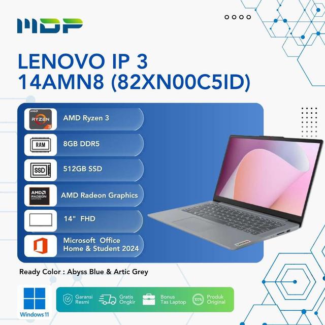 NOTEBOOK LENOVO IP 3 14AMN8 (82XN00C5ID) ARTIC GREY : AMD R3-7320U,8GB LPDDR5-5500,512GB SSD M.2 2242 PCIE,AMD RADEON 610M GRAPHICS,14"FHD 250NITS,WIN 11 HOME+OHS 2024+M365 BASIC (BACKPACK Q17225)