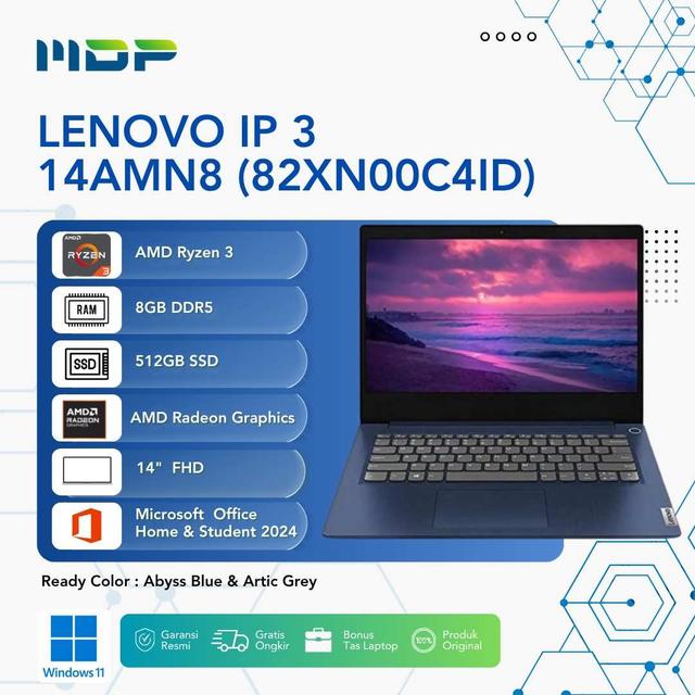 NOTEBOOK LENOVO IP 3 14AMN8 (82XN00C4ID) ABYSS BLUE : AMD R3-7320U,8GB LPDDR5-5500,512GB SSD M.2 2242 PCIE,AMD RADEON 610M GRAPHICS,14"FHD 250NITS,WIN 11 HOME+OHS 2024+M365 BASIC (BACKPACK Q17225)