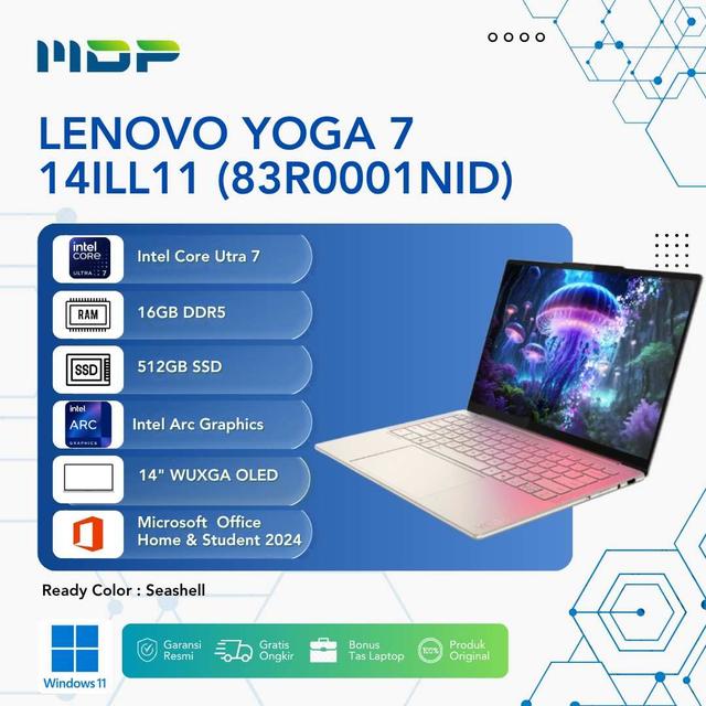 NOTEBOOK LENOVO YOGA 7 14ILL11 (83R0001NID) SEASHELL : INTEL CORE ULTRA 7-256V,16GB,512GB SSD,14"WUXGA OLED,WIN 11+OHS 2024+M365 (SLEEVECASE DIDLM)