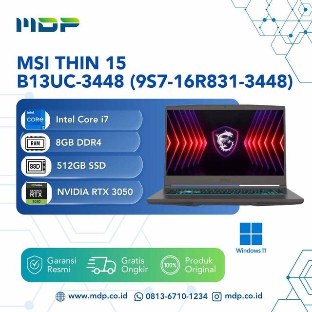NOTEBOOK MSI THIN 15 B13UC-3448 (9S7-16R831-3448) : INTEL CORE I7-13620H,8GB,512GB SSD,RTX3050 4GB,15.6", WIN 11 HOME