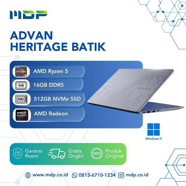 NOTEBOOK ADVAN HERITAGE BATIK  : AMD R5-7535HS,16GB,512GB SSD,AMD RADEON GRAPHICS 660M,14" 16:10 WUXGA DISPLAY,BATTERY 5200MAH,WIN 11 (NO TAS)