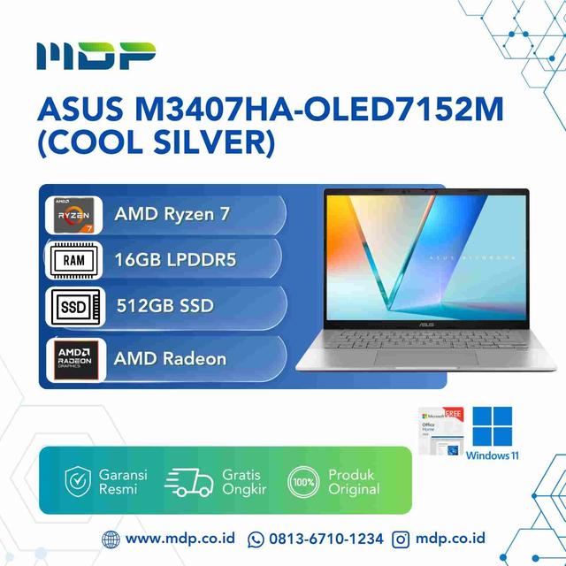 NOTEBOOK ASUS M3407HA-OLED7152M (COOL SILVER) : AMD R7-260,UMA,16GB,512GB SSD,OLED,WUXGA,WIN 11+OHS 2024+FREE M365