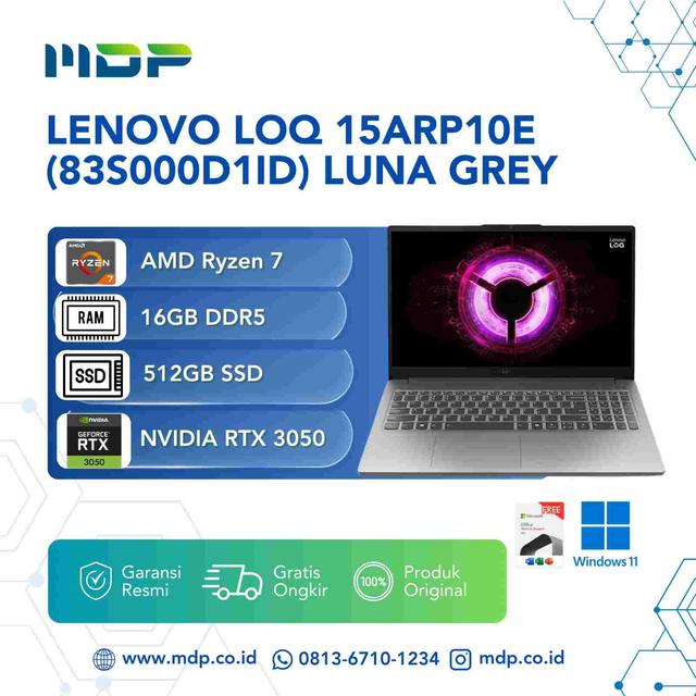 NOTEBOOK LENOVO LOQ 15ARP10E(83S000D1ID) LUNA GREY : AMD R7-170,16GB,512GB SSD,RTX3050 6GB,15,6"FHD IPS 144HZ,WIN 11+OHS+M365 BASIC (BAKPACK H70101)
