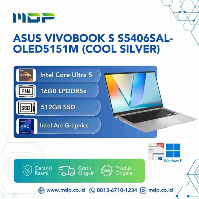 NOTEBOOK ASUS VIVOBOOK S S5406SAL-OLED5151M (COOL SILVER) : INTEL CORE ULTRA 5-226V,UMA,16GB,512GB SSD,14"OLED FHD,WIN 11 HOME+OHS 2024+O365 BASIC (1 Y FREE TRIAL)