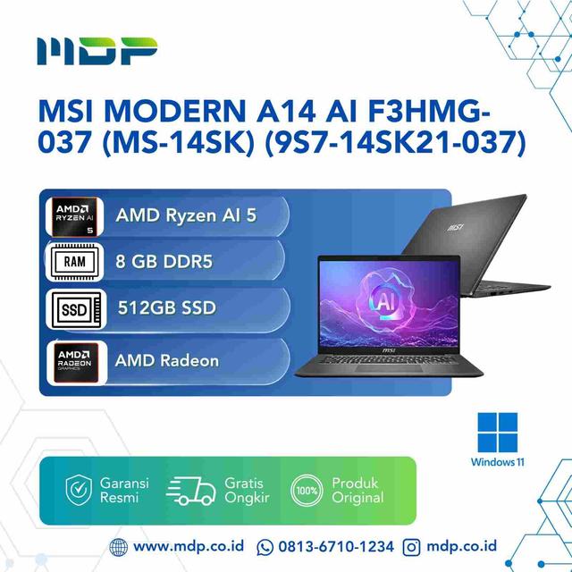 NOTEBOOK MSI MODERN A14 AI F3HMG-037 (MS-14SK) (9S7-14SK21-037) PLATINUM GRAY : AMD RYZEN AI 5-330,8GB DDR5,512GB SSD NVME PCIE,AMD RADEON GRAPHICS,14"FHD,WIN 11 HOME+OHS 2024+M365 BASIC