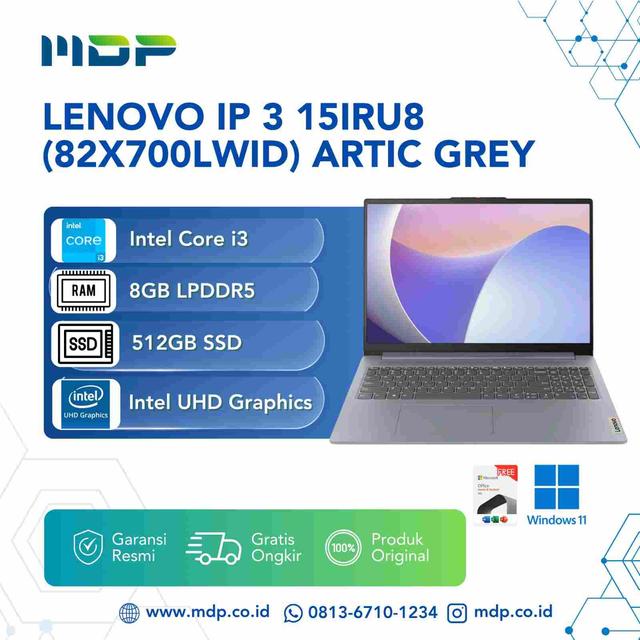NOTEBOOK LENOVO IP 3 15IRU8 (82X700LWID) ARTIC GREY : INTEL CORE I3-1315U,8GB,512GB SSD,15.6" FHD TN,WIN 11 HOME+OHS 2024 (BACKPACK Q17225)