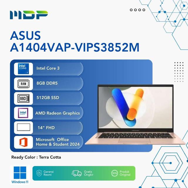 NOTEBOOK ASUS A1404VAP-VIPS3852M (TERRA COTTA) : INTEL CORE 3-100U,8GB DDR5,512GB SSD PCIE,14"VIPS FHD,WIN 11 HOME+OHS 2024+O365 BASIC