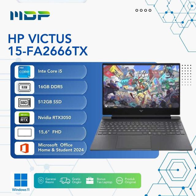 NOTEBOOK HP VICTUS 15-FA2666TX (MICA SILVER) : INTEL CORE I5-13420H,16GB DDR5 1DM 5600,512GB SSD PCIE,RTX3050 6GB,15.6"FHD IPS 144HZ 300NITS, WIN 11 HOME+OHS 2024+M365 BASIC (BACKPACK A08JXAA)