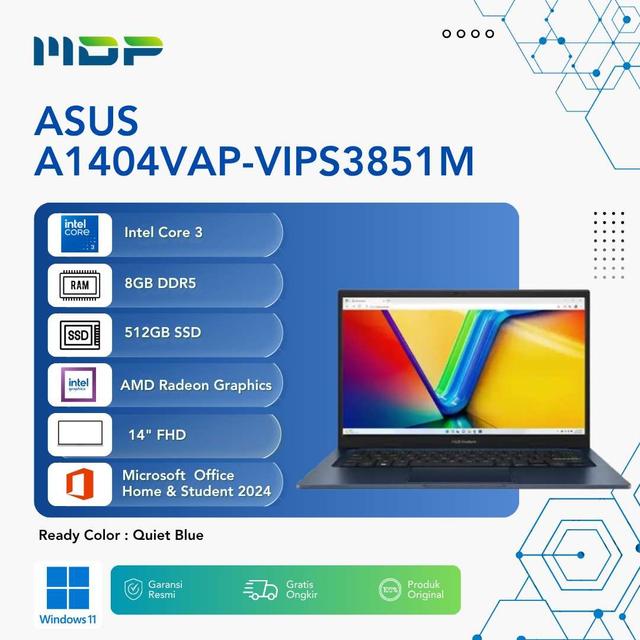 NOTEBOOK ASUS A1404VAP-VIPS3851M (QUIET BLUE) : INTEL CORE 3-100U,UMA,8GB,512GB SSD,VIPS,FHD,WIN 11+OH 2024+FREE M365 