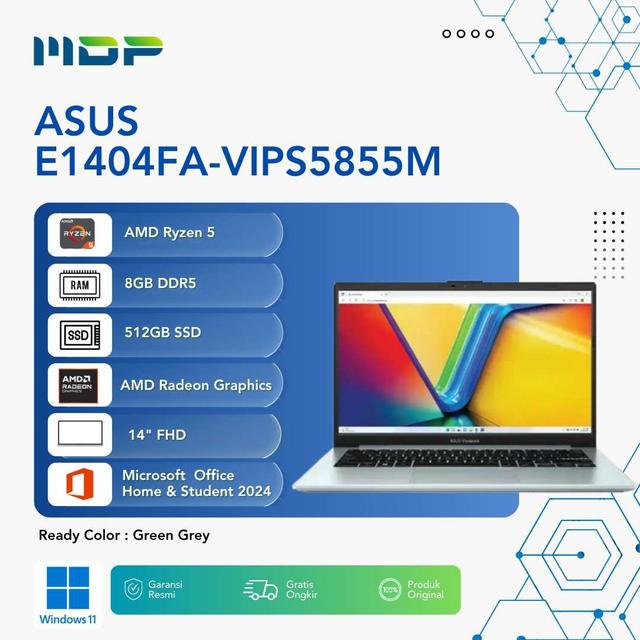 NOTEBOOK ASUS E1404FA-VIPS5855M (GREEN GREY) : AMD R5-40,UMA,8GB,512GB,VIPS,FHD,WIN 11+OHS 2024+M365 FREE 2Y GLOBAL