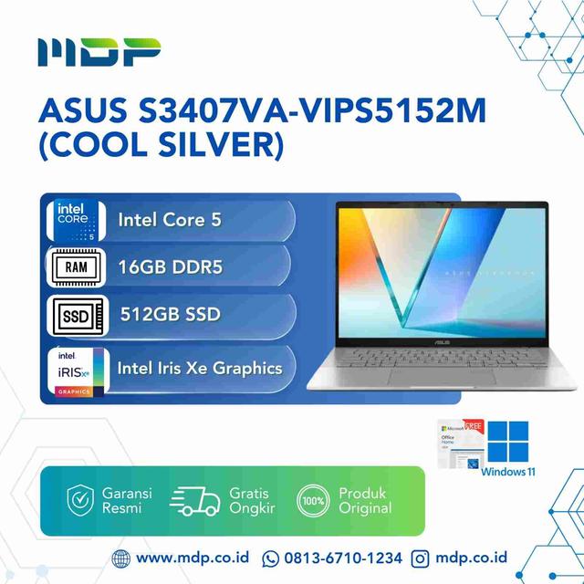 NOTEBOOK ASUS S3407VA-VIPS5152M (COOL SILVER) : INTEL CORE 5-210H,16GB DDR5,512GB SSD PCIE,14" VIPS WK,WIN 11 HOME+OHS+O365 BASIC