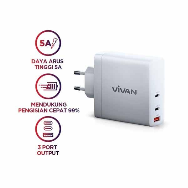 CHARGER VIVAN GAN04 5A QUICK CHARGING 3 PORT CHARGER WHITE