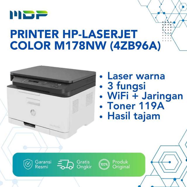 PRINTER HP-LASERJET COLOR M178NW (4ZB96A) : LASER COLOR,PRINT,SCAN,COPY,NETWORK,WIRELESS,TONER 119A BK,CMY
